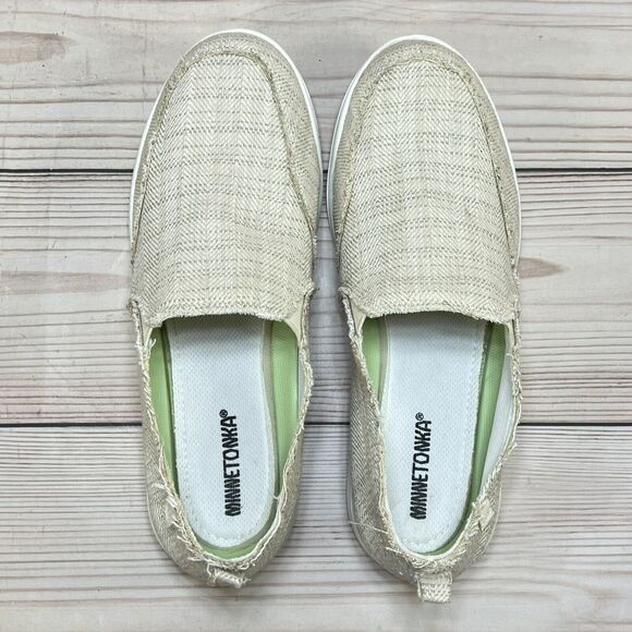 Minnetonka Expanse Womens 8.5 Slip-On Sneaker Tan Frayed Fabric Moccasin Shoes - Picture 2 of 15
